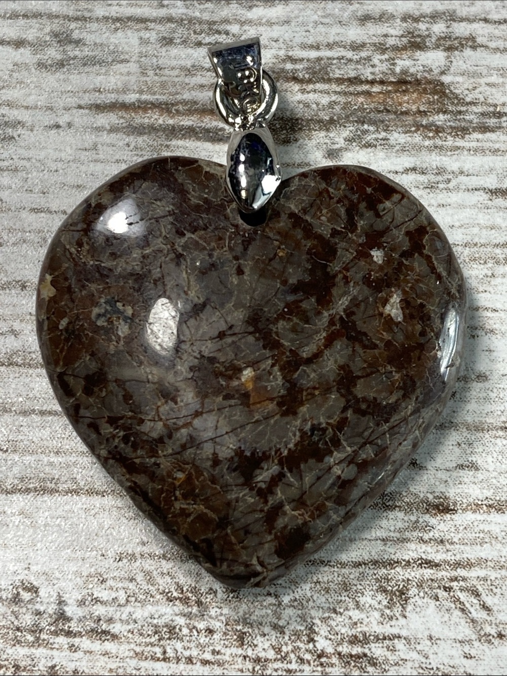 Natural Brown Jasper Heart Stone Pendant Necklace Silver Bail Vintage Boho 1”